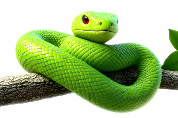 Fototapeta premium Bright Green Snake Coiled on a Branch with Vivid Red Eyes