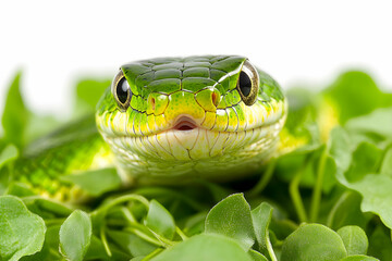 Fototapeta premium Green Snake on Fresh Green Leaves with Vibrant Details and Texture