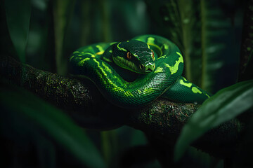 Fototapeta premium Lush Green Snake Coiled on Branch in Dense Tropical Jungle