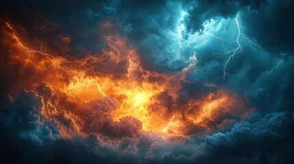 Dramatic Lightning Storm Over Fiery Clouds