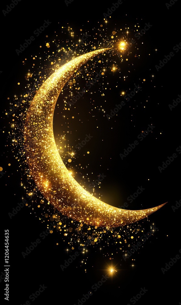 Poster golden crescent moon with sparkling particles: a celestial and magical design