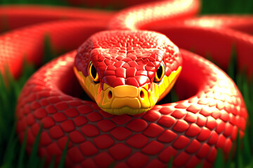 Fototapeta premium Red Snake Coiled on Green Grass with Intricate Scales and Eyes