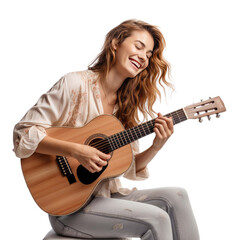 Fototapeta premium Beautiful young woman with guitar isolated on a white background 