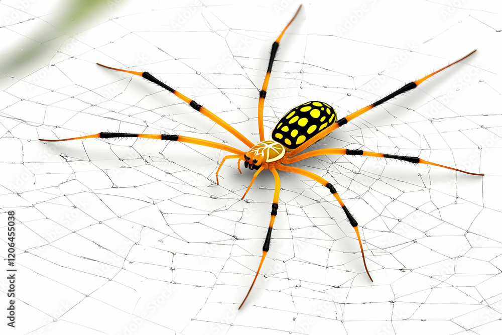 Poster colorful spider in web with yellow and black patterns on white background
