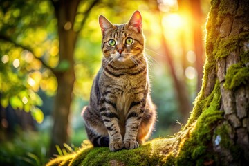 A cute short-haired tabby kitten, bokeh-blurred, nestled by a mossy tree trunk in an autumn park.