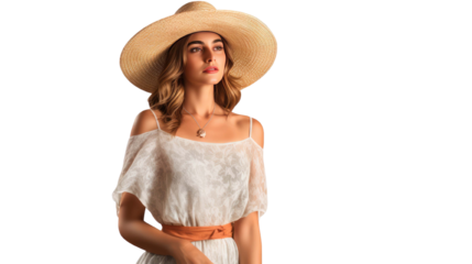 Happy woman wearing straw hat and summer  isolated on a transparent background