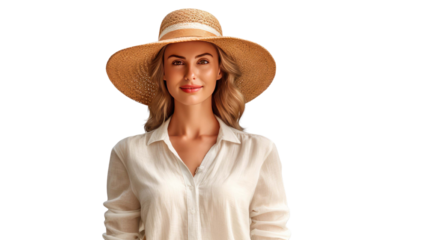 Happy woman wearing straw hat and summer isolated on a transparent background