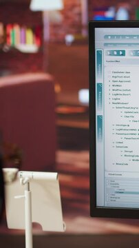 Vertical video Engineer in home office looking at UI on computer monitor, typing and executing programming code. Close up of person using coding application to write and test code in modern apartment