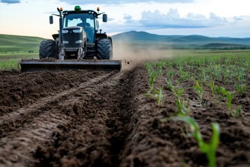 Fototapeta premium A powerful tractor churning the soil under expansive open skies captures the essence of modern agriculture and the beauty of rural life.