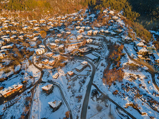 Aerial Winter view of Village of Leshten, Bulgaria