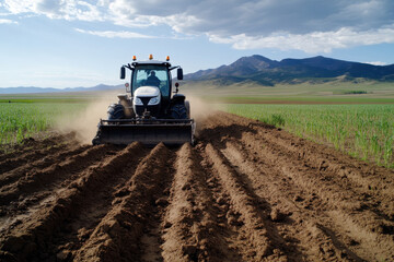 Obraz premium A powerful tractor is seen tilling the soil in an expansive agricultural field, highlighting the hard work and technology used in modern farming practices.