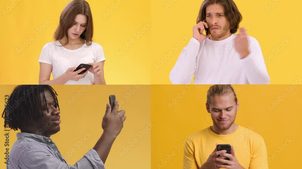 Aufkleber Four individuals display various emotions while using mobile phones. Each person reacts differently, highlighting their engagement with technology.