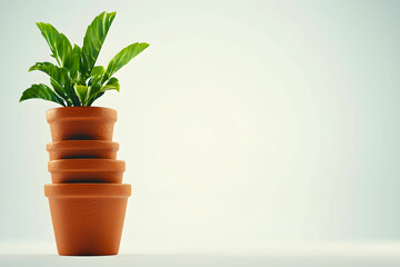 Obraz premium Green Plant in Terracotta Pots Stacked on Light Background
