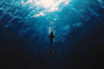 Silhouette of a Shark Swimming in Deep Blue Ocean Waters