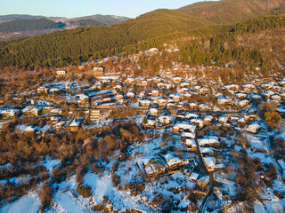 Aerial Winter view of Village of Leshten, Bulgaria