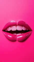 Obraz premium Vibrant Pink Lips and Teeth Close Up Shot Stylish Makeup Beauty Glossy