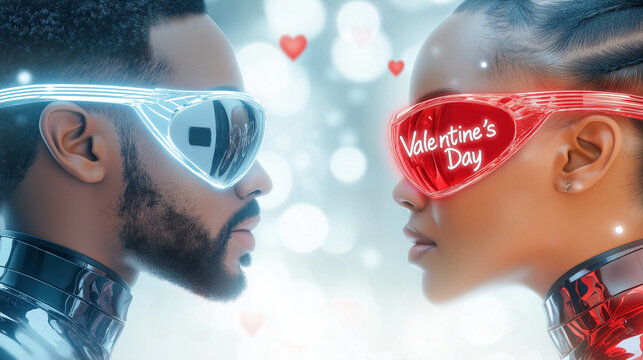 Futuristic African American couple in neon glasses on Valentines Day - Powered by Adobe
