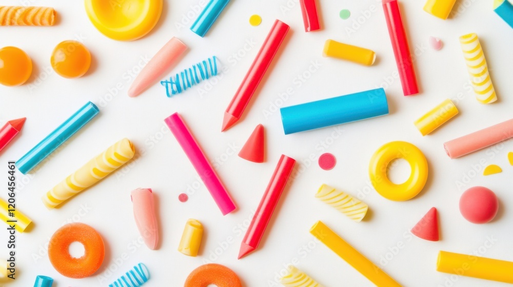 Poster colorful assortment of playful geometric shapes and objects scattered on a white background
