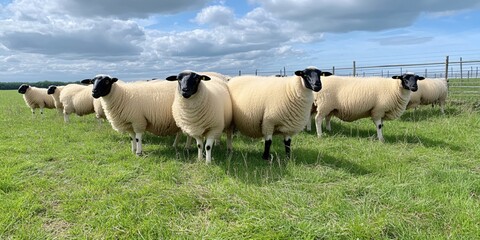 Fluffy Sheep in a Lush Green Pasture under a Cloudy Sky