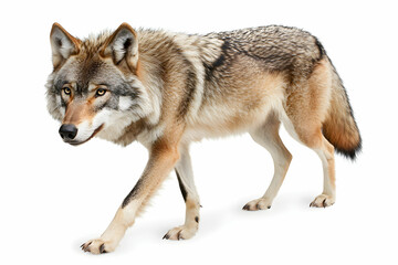 Fototapeta premium Realistic Wolf Walking on White Background in Animal Photography