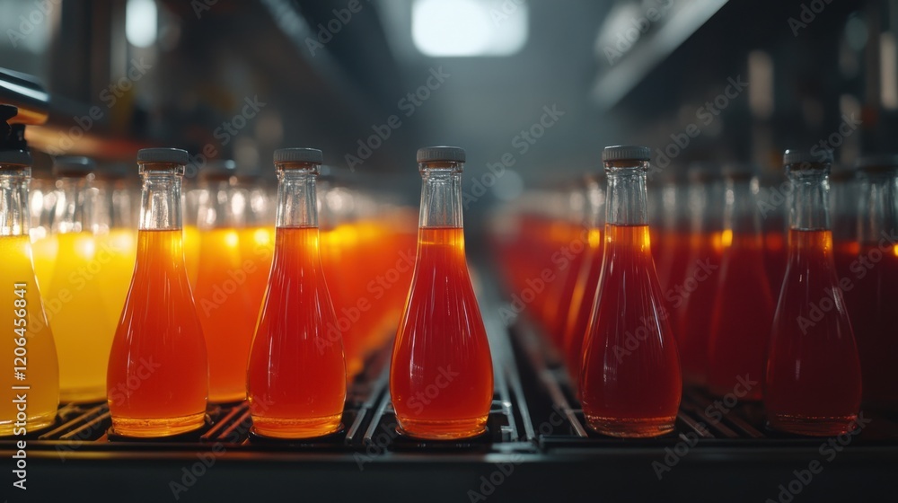Poster colorful array of beverage bottles in a factory setting, showcasing production and quality control
