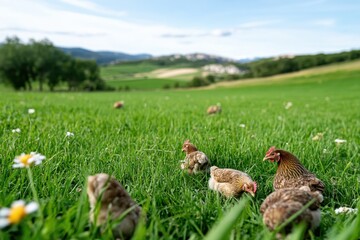 Obraz premium Several hens scattered across a sunny meadow, grazing on grass and flowers, illustrating the joy of free-range poultry and a connection to natural farming practices.