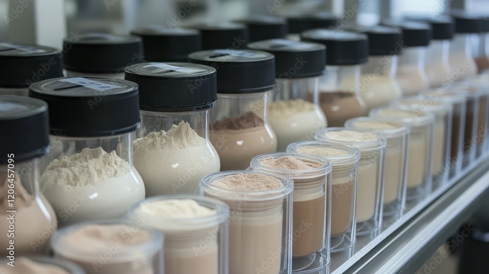 Poster various containers filled with different powders displayed in a laboratory setting, showcasing color