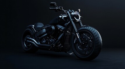 Powerful black motorcycle standing out against dark background