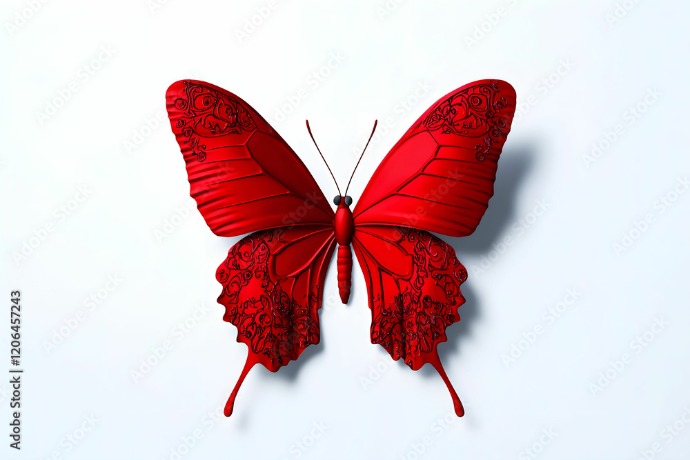 Poster red butterfly with intricate patterns on a white background