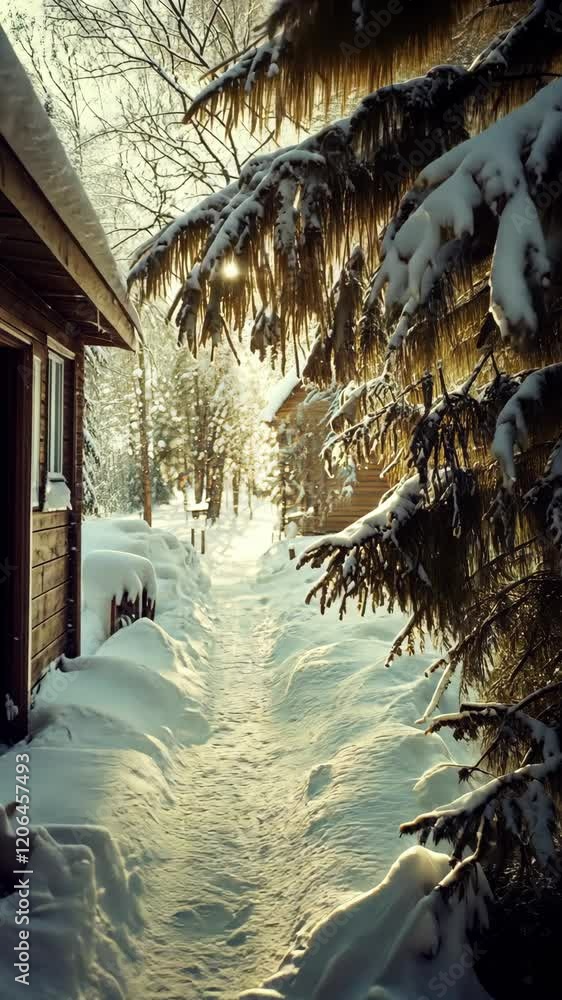 Poster winter path between snow-covered cabins with sunlight filtering through trees in a tranquil forest
