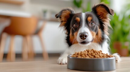 Border collie eagerly awaits its meal in a cozy kitchen setting