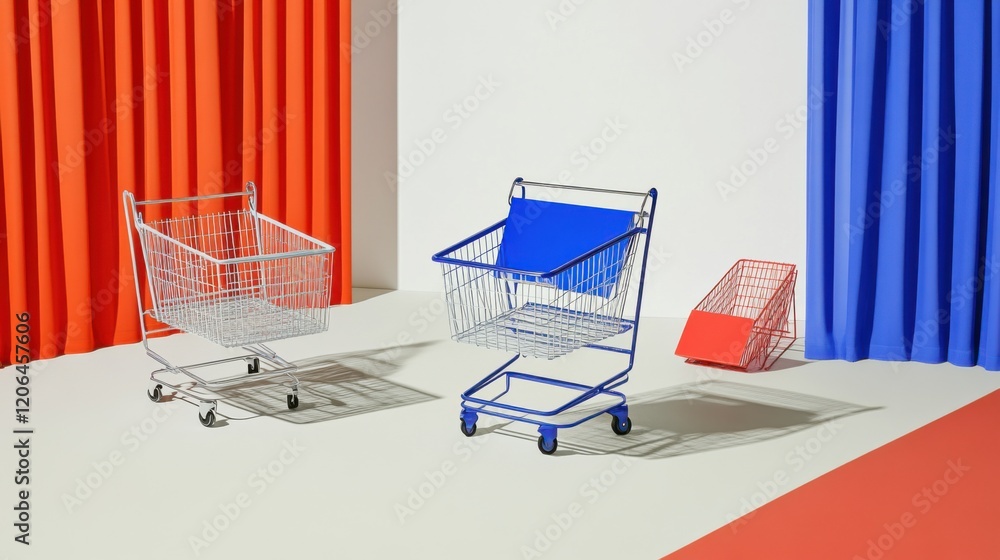 Poster three shopping carts in vibrant colors on a minimalist backdrop with draped curtains and a diagonal 
