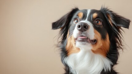 Border collie eagerly awaits its meal with hopeful eyes and wagging tail