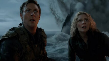 Explosive moment on rocky coast captivates heroes in a thrilling adventure