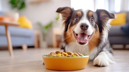 Happy border collie eagerly waits for delicious food in sunny room