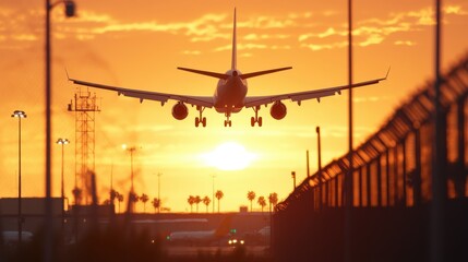 Plane approaches runway under orange sunset sky at busy airport