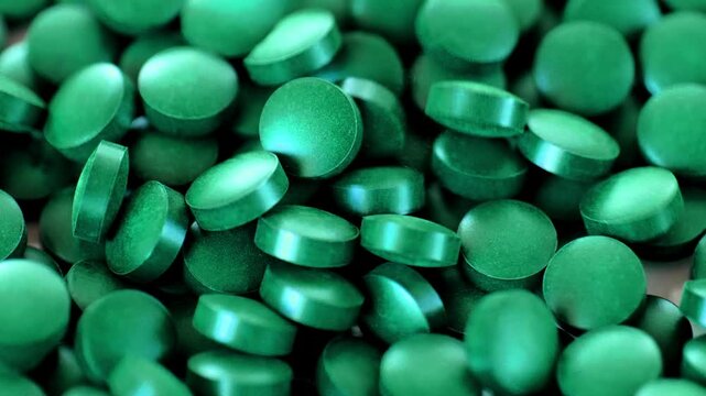 Spirulina algae tablets.Spirulina pills background.Green tablets of dry seaweed. 4k footage