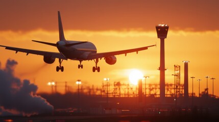 Fototapeta na wymiar Plane descends towards airport under vibrant sunset sky