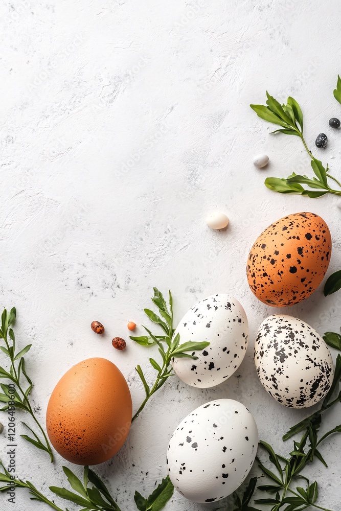 Poster easter eggs with spring branches lying on white textured background