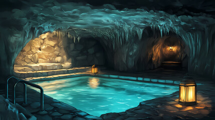 Cave spa pool relaxation; serene underground sanctuary. Hidden Sanctuary. Illustration