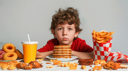 Child with stack of pancakes and fast food wrappers on clean background showcases unhealthy eating habits