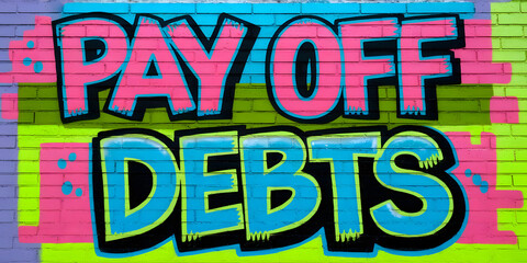 Pay Off Debts Graffiti Text on Colorful Wall Background, Creative Message for Financial Freedom and Debt Solutions
