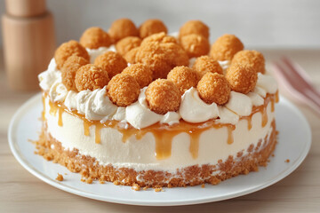 Delicious caramel cake topped with crispy balls, perfect for celebrations and gatherings