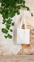 White Tote Bag Mockup Hanging Against Rustic Wall with Lush Greenery