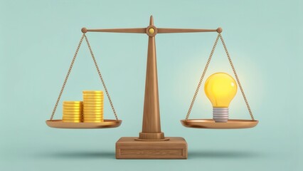 A scale balancing coins and a light bulb, symbolizing the relationship between finance and innovation.