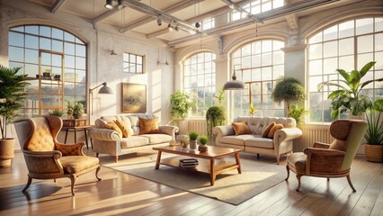 Obraz premium Beige armchairs grace a surreal vintage loft, bathed in white, a 3D-rendered dream.