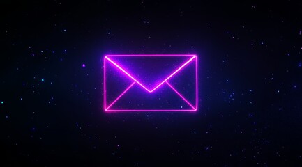 Glowing neon envelope icon in dark space.