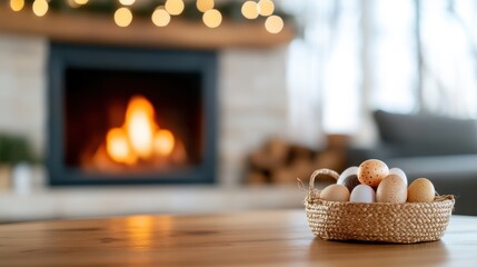 Cozy hearth adorned with colorful easter decor and warm fire