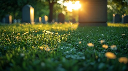 Peaceful Cemetery at Sunset with Flowers