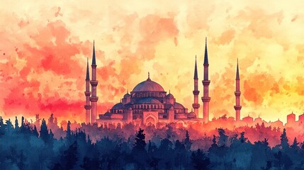 Fototapeta premium Grand Mosque at Sunset: A Watercolor Painting of Architectural Grandeur and Serene Tranquility